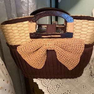 Straw Bow Pleated Bag Purse NWT